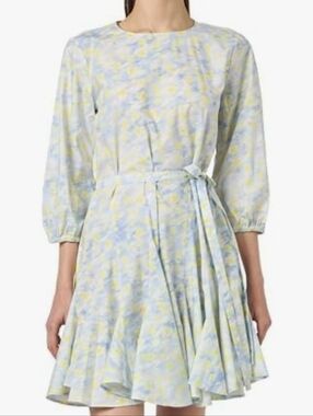 HUGO Karomalla Poplin Cotton Blue & Yellow Floral Tie-Waist Dress 34 EU/0 US
